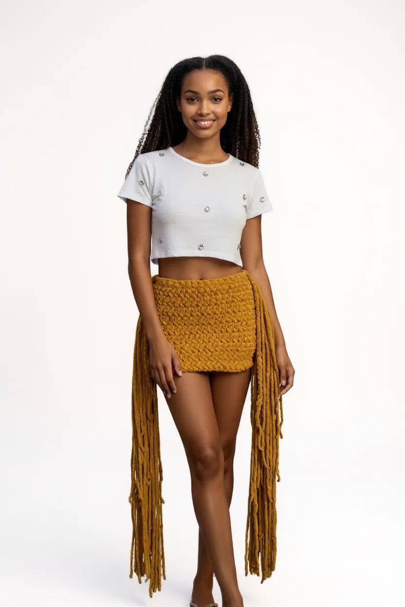Jenniva Fluff Crochet Skirt with Tassels - Mustard