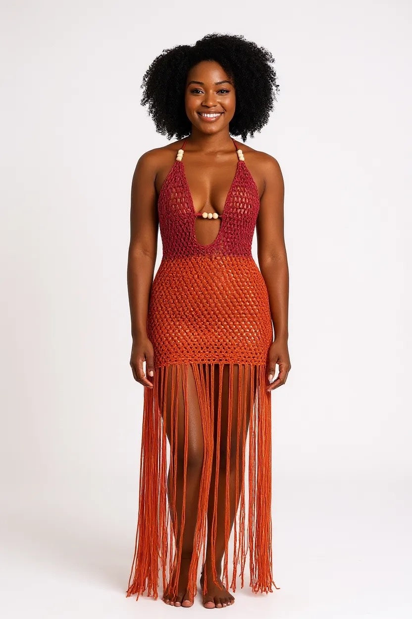 Thesa Two-Toned Crochet Dress with Wooden Beads - Burgundy & Orange