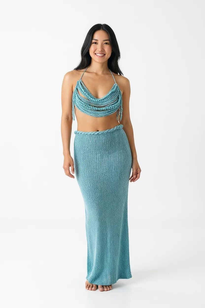 Mykonos Knitted Set - Beaded Top & Rope-Tie Skirt