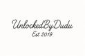 design plain text logo for "UnlockedByDudu" written in black twxtr, plain background. with "Est 2019" UNDERNEATH MAIN TEXT. MAIN TEXT MUST BE IN ONE LINE. ALL TEST MUST E IN TWISTER FONT, THE STYLE MUST BE THIN STROKE. the text must be in a cursive style