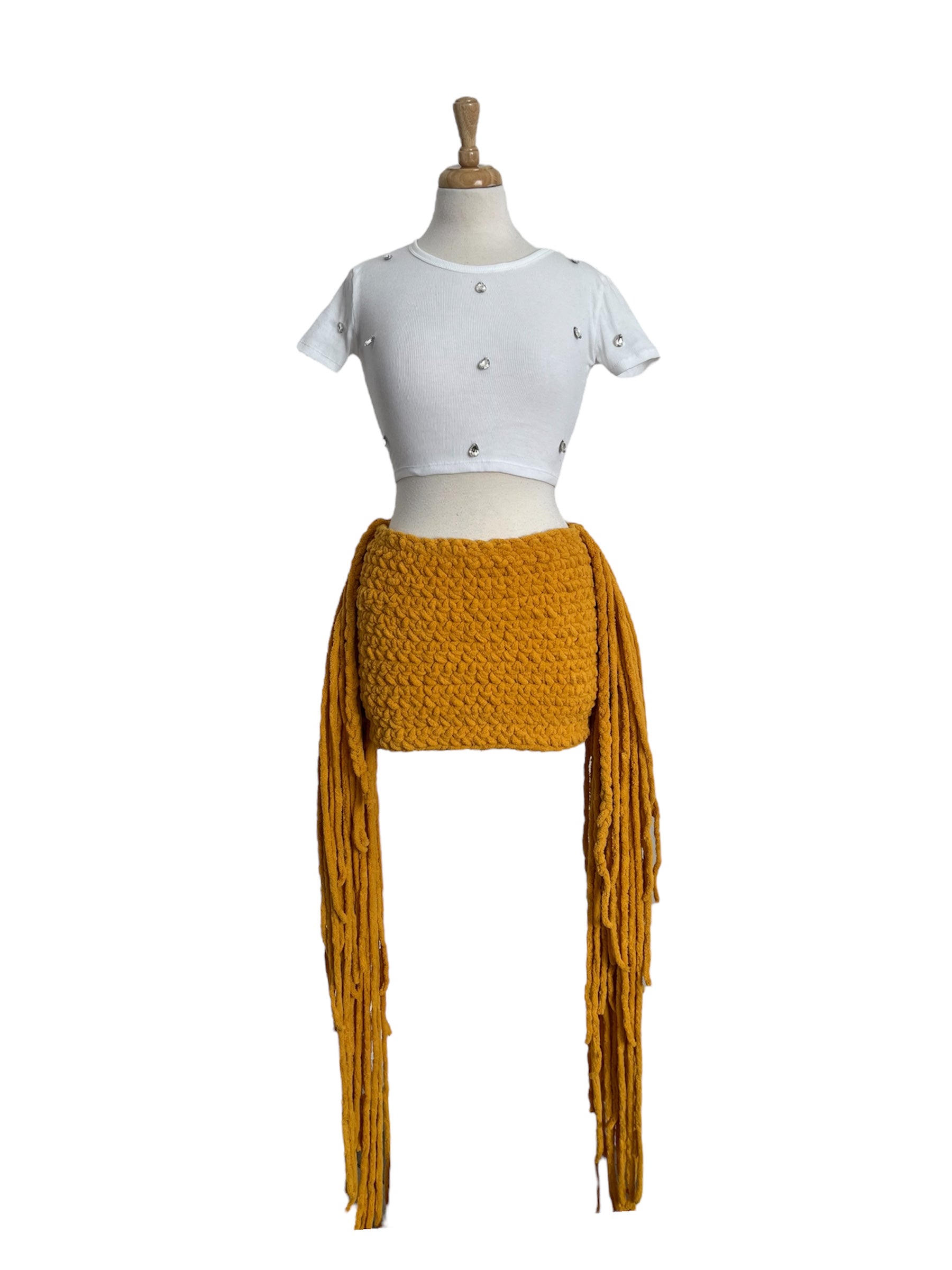 Jenniva Fluff Crochet Skirt with Tassels - Mustard
