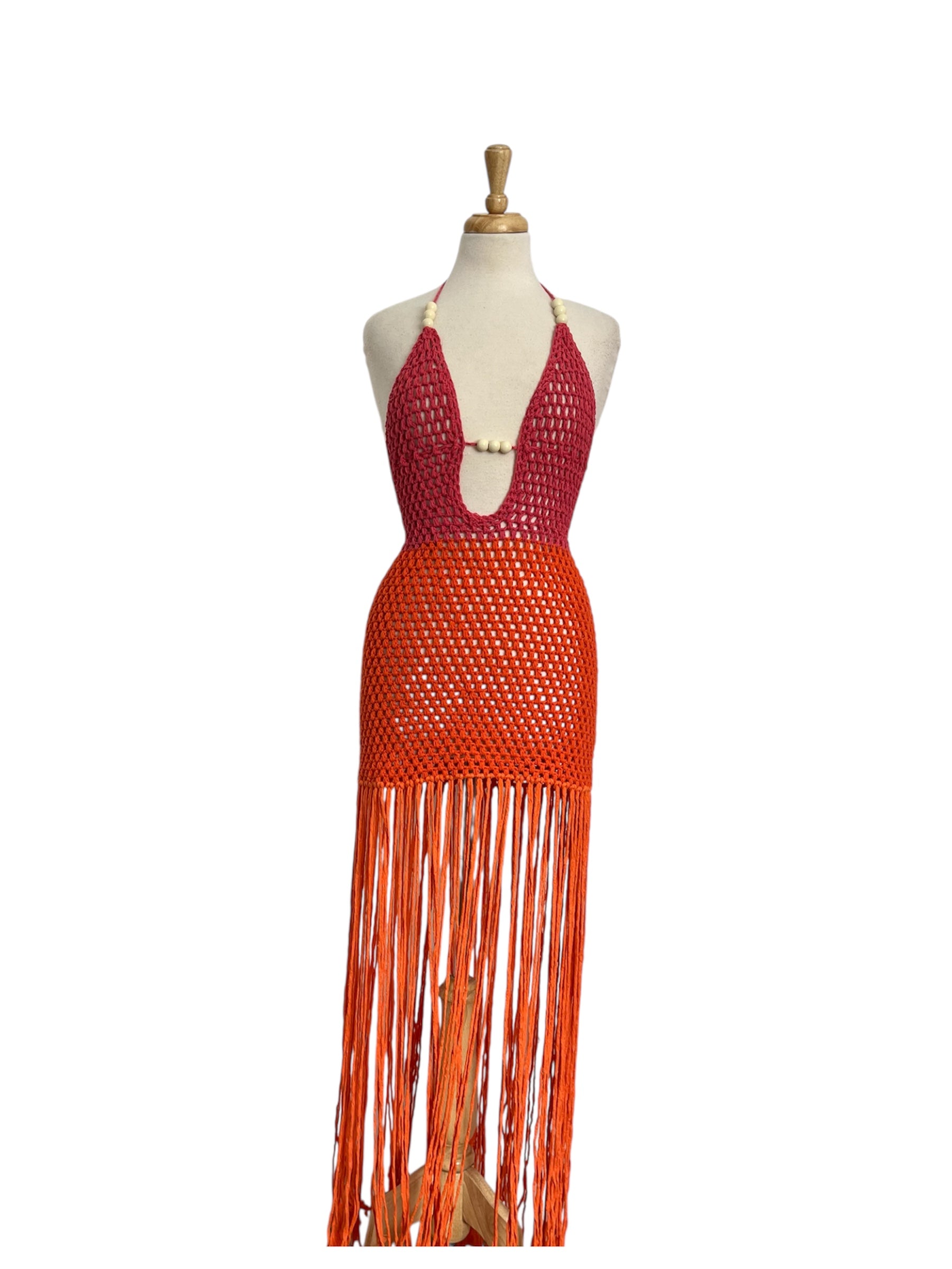 Thesa Two-Toned Crochet Dress with Wooden Beads - Burgundy & Orange