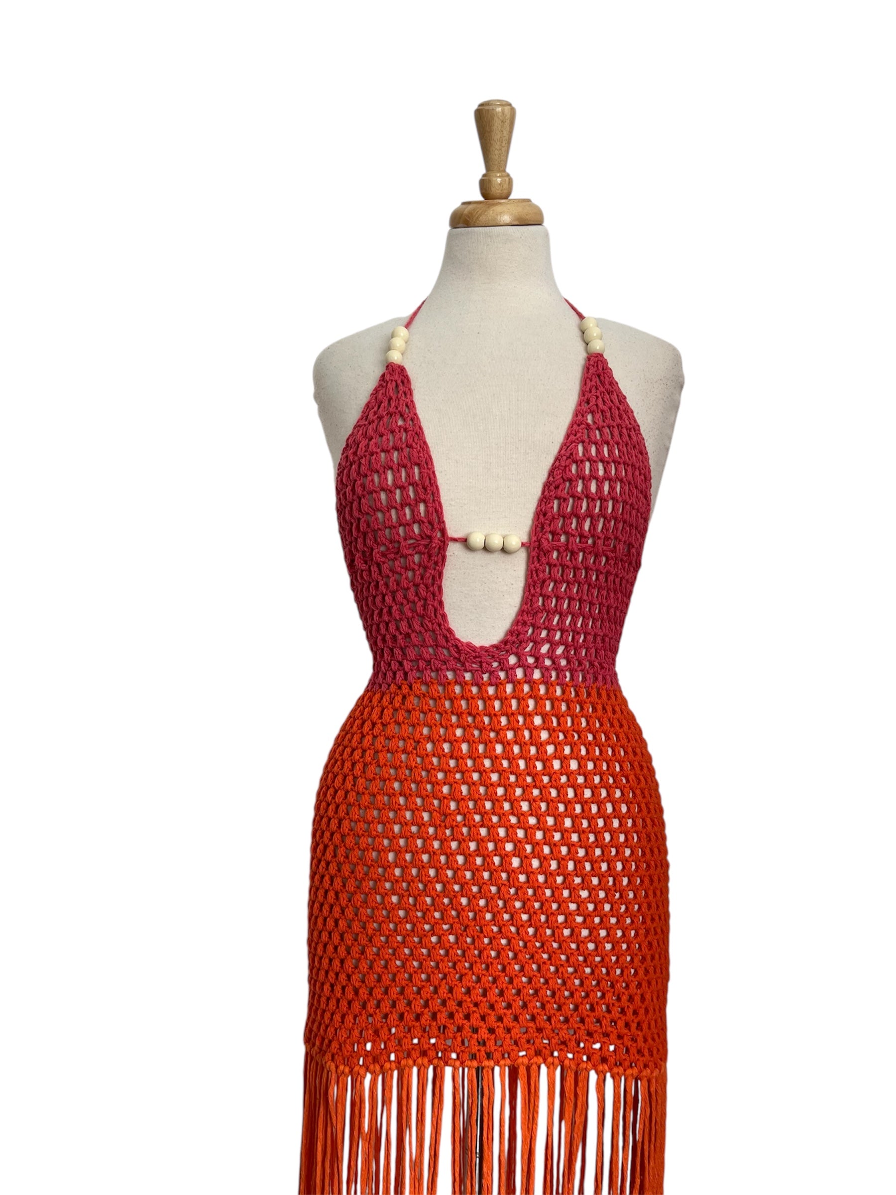 Thesa Two-Toned Crochet Dress with Wooden Beads - Burgundy & Orange