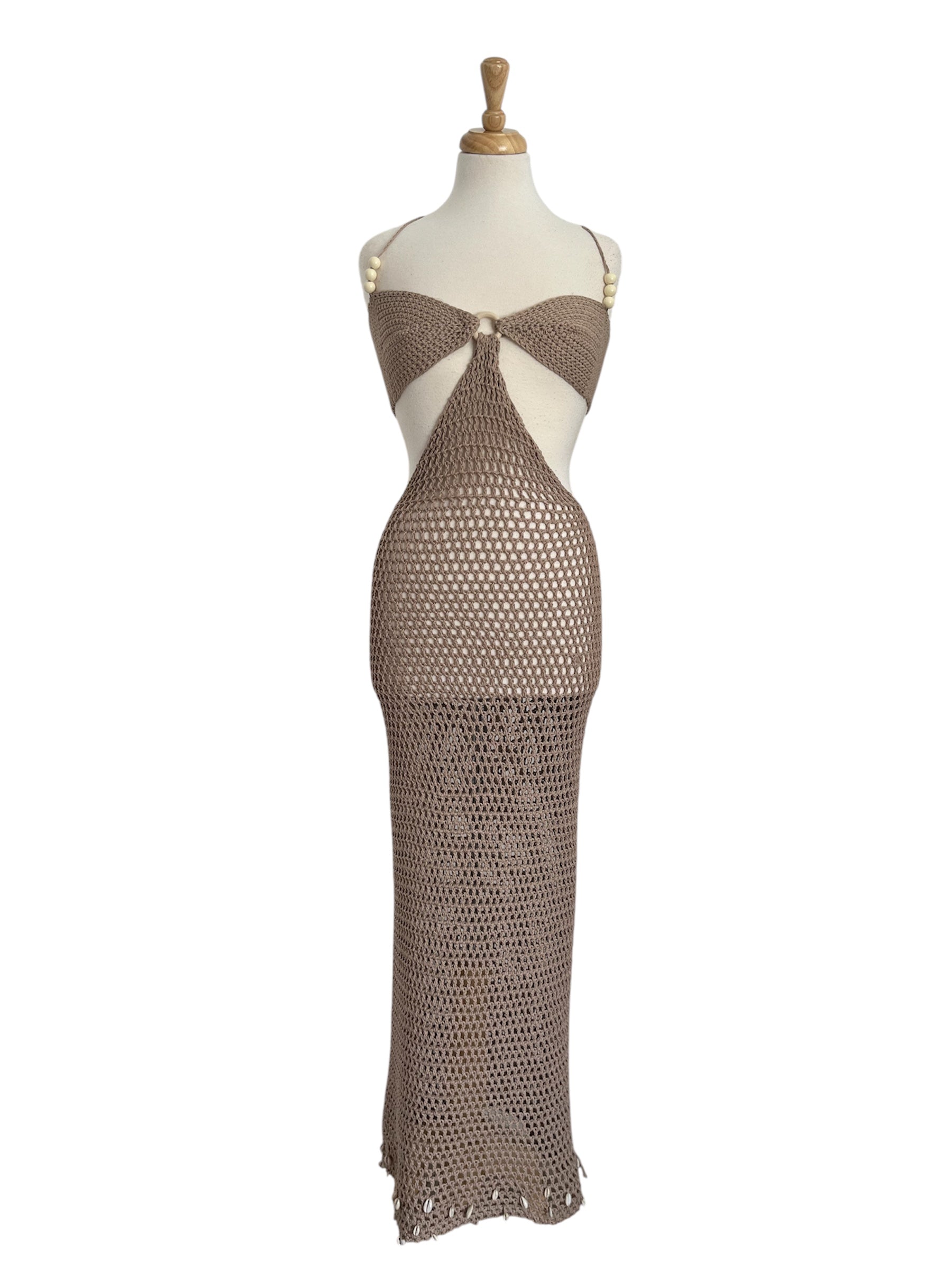 Corfu Crochet Maxi Dress with Shell Details - Taupe