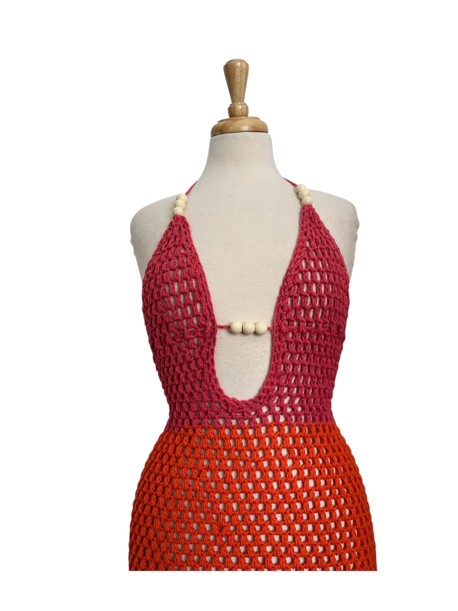 Thesa Two-Toned Crochet Dress with Wooden Beads - Burgundy & Orange